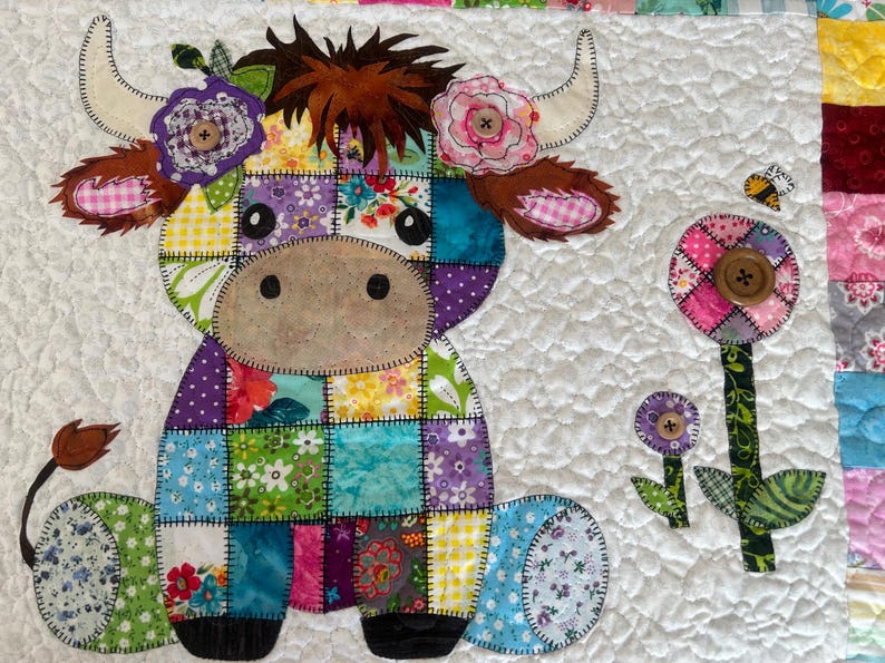 Patchwork Highland Cow Quilt Pattern PDF Download | Applique Baby Blanket Sewing Pattern