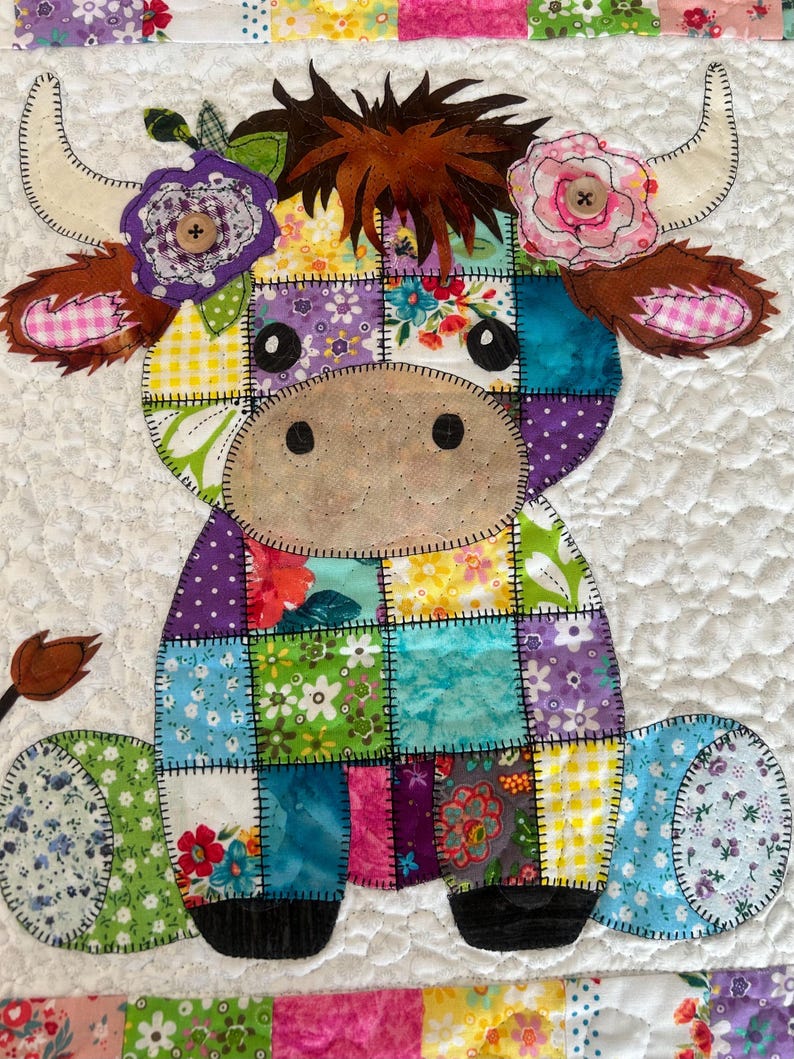 Patchwork Highland Cow Quilt Pattern PDF Download | Applique Baby Blanket Sewing Pattern