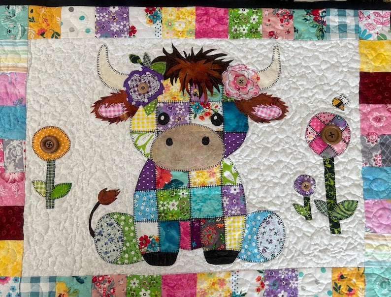 Patchwork Highland Cow Quilt Pattern PDF Download | Applique Baby Blanket Sewing Pattern